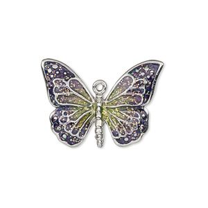 Charm, enamel and imitation rhodium-plated "pewter" (zinc-based alloy), purple and green with glitter, 26x19mm single-sided butterfly. Sold individually.