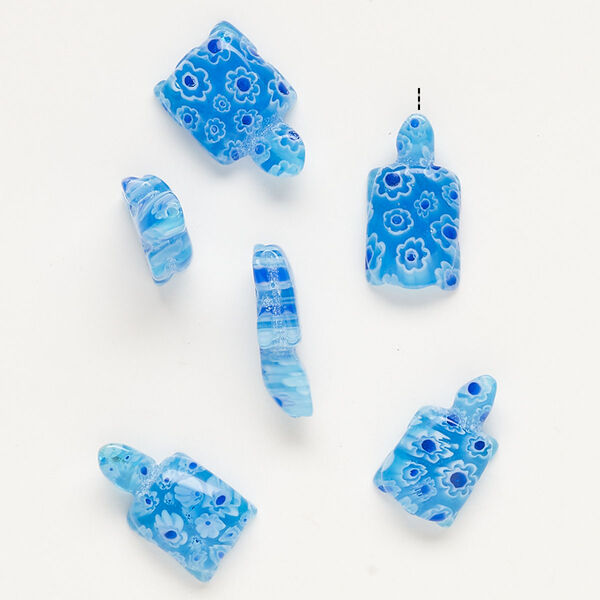 Bead, millefiori glass, translucent sky blue / cobalt blue / white, 19x12mm-23x14mm half-drilled turtle. Sold per pkg of 6. image number 0