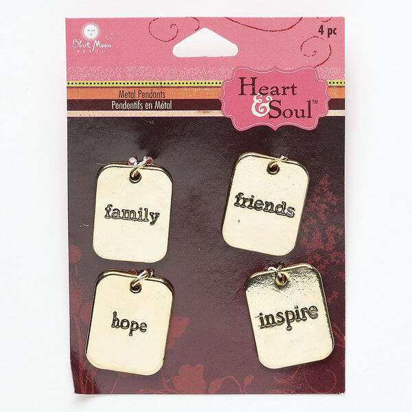 Drop mix, antique gold-finished "pewter" (zinc-based alloy), 25x20mm single-sided rounded rectangle with "family," "friends," "hope" and "inspire." Sold per pkg of 4. image number 0