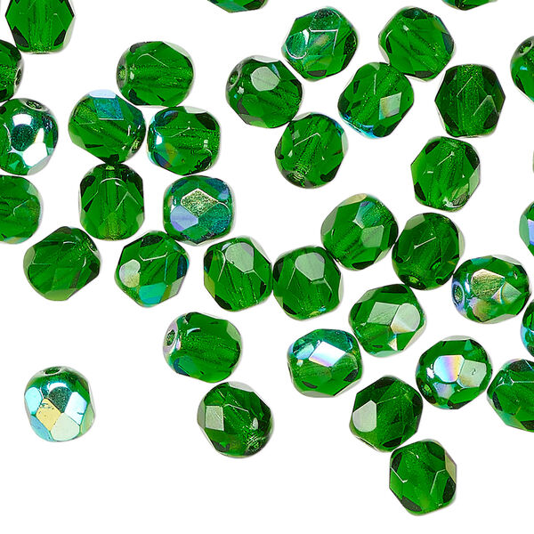 Bead 1pkg60, Czech fire-polished glass, translucent emerald green AB, 6mm faceted round. image number 0