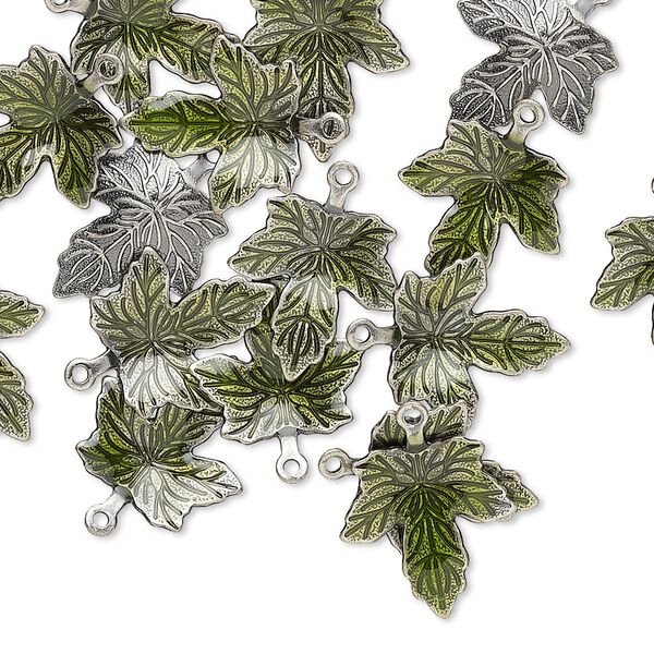 Charm, enamel and antique silver-plated brass, green, 13x12mm single-sided maple leaf. Sold per pkg of 20. image number 0