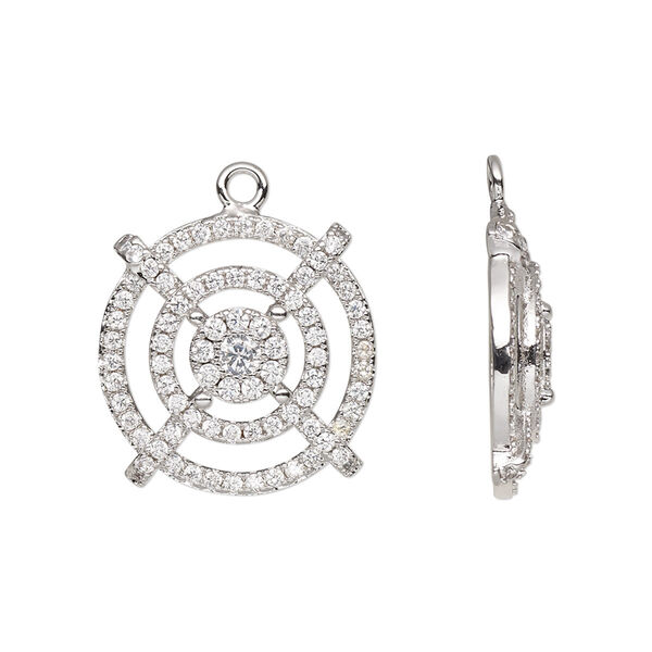 Drop, cubic zirconia and silver-finished brass, clear, 22mm single-sided round. Sold individually. image number 0