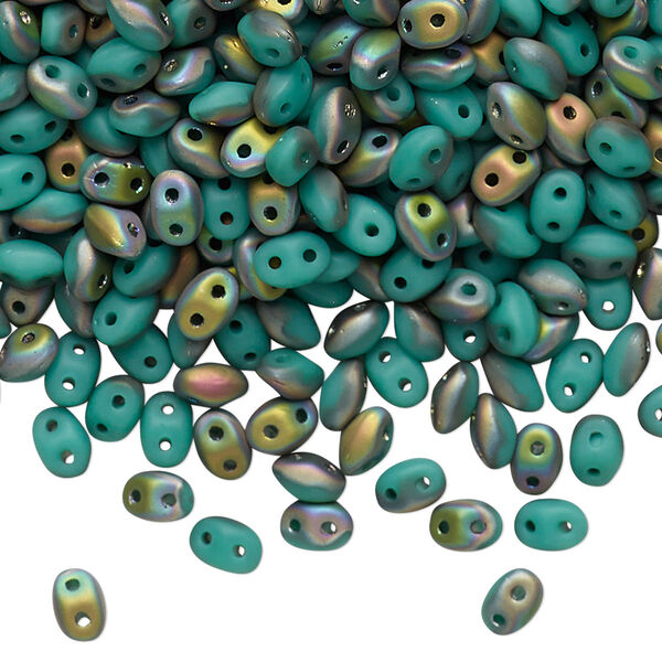 Bead, Preciosa Twin™, Pressed Twin, Czech pressed glass, matte turquoise green vitrail, 5x2.5mm oval with 2 holes. Sold per 50-gram pkg. image number 0
