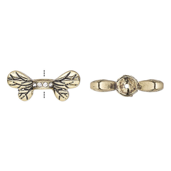 Bead, glass rhinestone and antique gold-finished "pewter" (zinc-based alloy), clear, 22x9.5mm bee wings. Sold per pkg of 2. image number 0