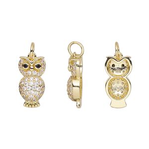 Charm, cubic zirconia and gold-finished brass, clear and black, 15.5x8mm single-sided owl. Sold individually.