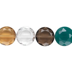 Multi-quartz / green onyx 1pkg10, hand-cut faceted flat round bead 12mm