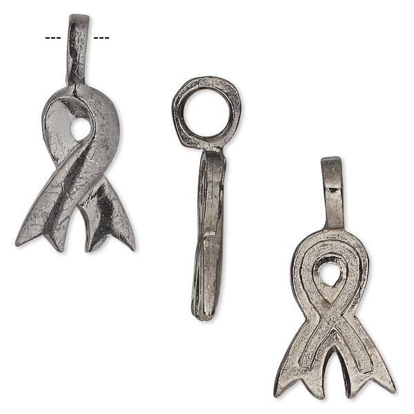 Bail, glue-on, gunmetal-plated pewter (tin-based alloy), 26x13mm with 18x13mm awareness ribbon, 4.5mm inside diameter. Sold individually. image number 0