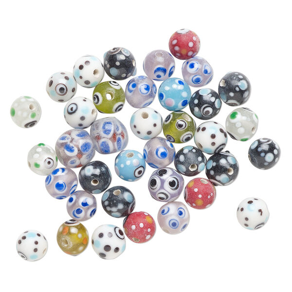 Bead mix, lampworked glass, opaque and translucent mixed colors, 9mm round. Sold per 2-ounce pkg, approximately 35 beads. image number 0
