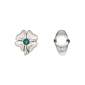 Bead, Dione®, antique silver-plated pewter (tin-based alloy) and glass, green, 13.5x11.5mm double-sided 4-leaf clover. Sold individually.