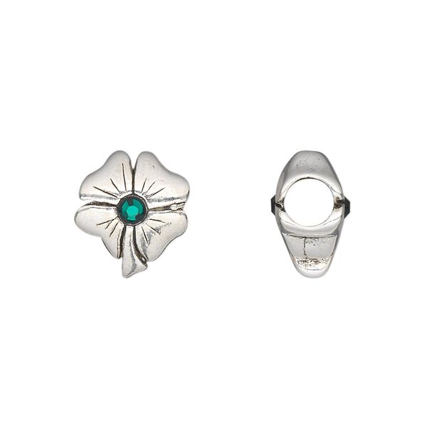 Bead, Dione®, antique silver-plated pewter (tin-based alloy) and glass, green, 13.5x11.5mm double-sided 4-leaf clover. Sold individually. image number 0