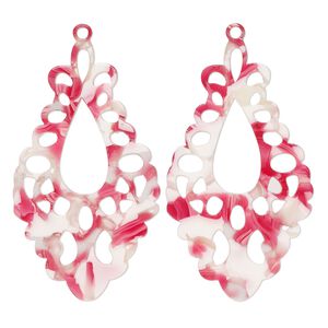 Focal, resin, pink / red / white, 51.5x29mm fancy teardrop with cutouts. Sold per pkg of 2.