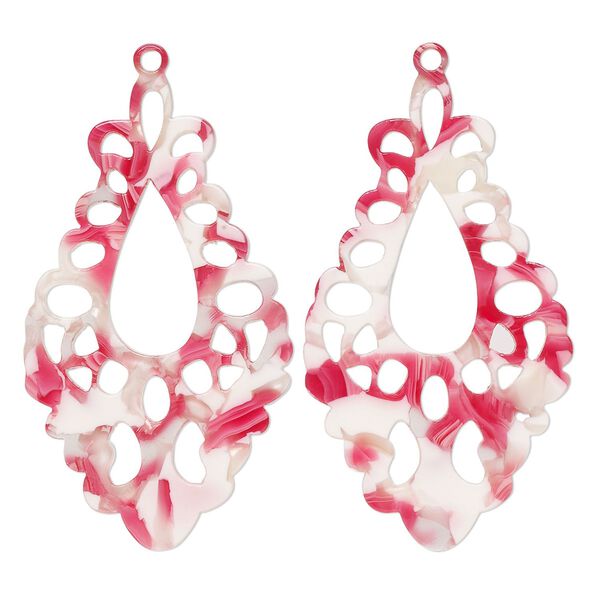 Focal, resin, pink / red / white, 51.5x29mm fancy teardrop with cutouts. Sold per pkg of 2. image number 0