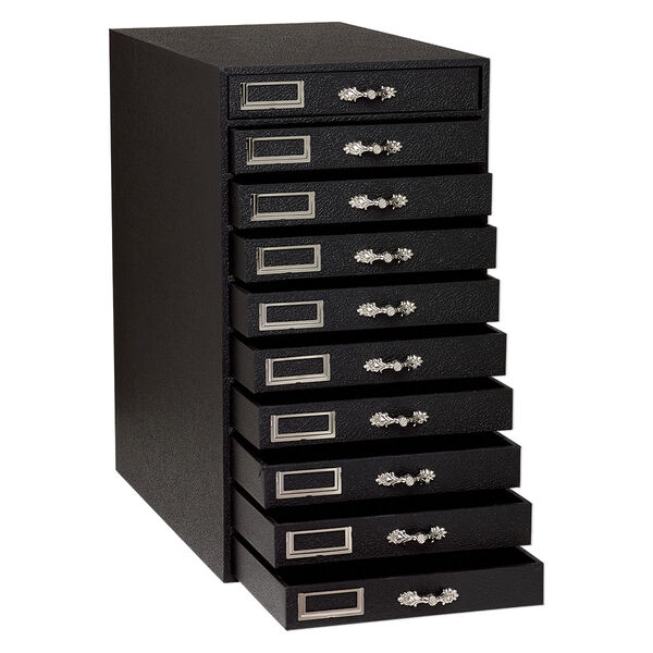 Jewelry organizer, medium-density fiberboard and leatherette paper, black and silver, 16-1/4 x 8-3/4 x 14-5/8 inches with 10 drawers. Sold individually. image number 1