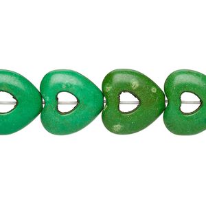 Bead, "turquoise" (resin) (imitation), apple green, 15x15mm open heart with 4x4mm center hole. Sold per 15-inch strand.