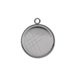 Drop, gunmetal-plated brass, 19mm round with beaded edge and 18mm round bezel setting. Sold per pkg of 6.