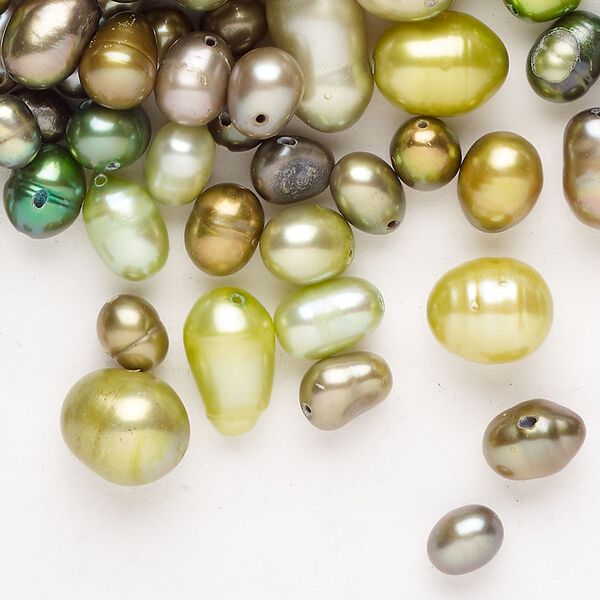 Freshwater pearl mix 1pkg1, top-drilled / center-drilled / herringbone-drilled rice / flat-sided rice, 2 ounce multi-green 3mm-14x12mm cultured image number 0