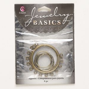 Focal and component assortment, "pewter" (zinc-based alloy) and steel, pkg/3 pairs, antique gold finish, 21mm endless round and 35mm round with 7 closed loops.