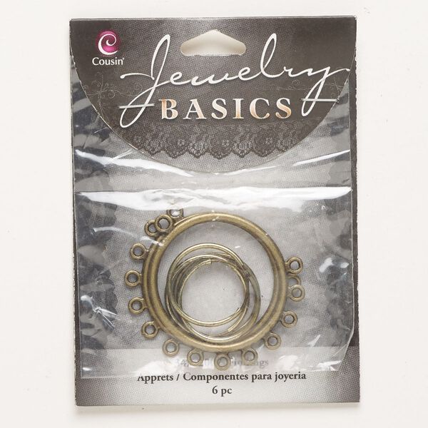 Focal and component assortment, "pewter" (zinc-based alloy) and steel, pkg/3 pairs, antique gold finish, 21mm endless round and 35mm round with 7 closed loops. image number 0