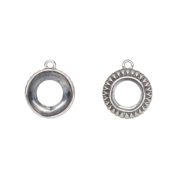 Drop, antiqued sterling silver, 12.5mm round with 8mm round setting and open back. Sold individually. image number 0