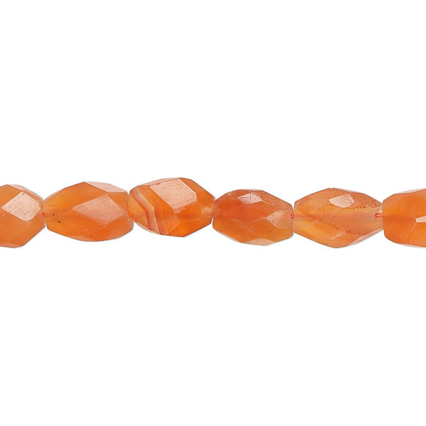 Bead, carnelian (dyed / heated), 8x6mm-10x7mm hand-cut faceted puffed oval, B grade, Mohs hardness 6-1/2 to 7. Sold per 14-inch strand, approximately 40 beads. image number 0