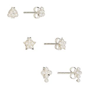 Earstud, glass pearl and sterling silver, white, 5mm triangle / 6.5x6mm star / 7x5.5mm cross with post. Sold per pkg of 3 pairs.