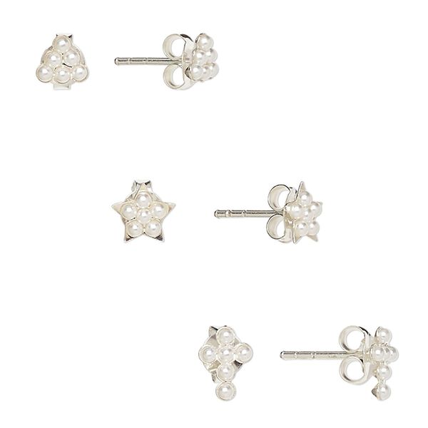 Earstud, glass pearl and sterling silver, white, 5mm triangle / 6.5x6mm star / 7x5.5mm cross with post. Sold per pkg of 3 pairs. image number 0