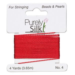 Thread, Purely Silk™, red, medium-heavy, size #4, 24-pound test. Sold per 4-yard card.