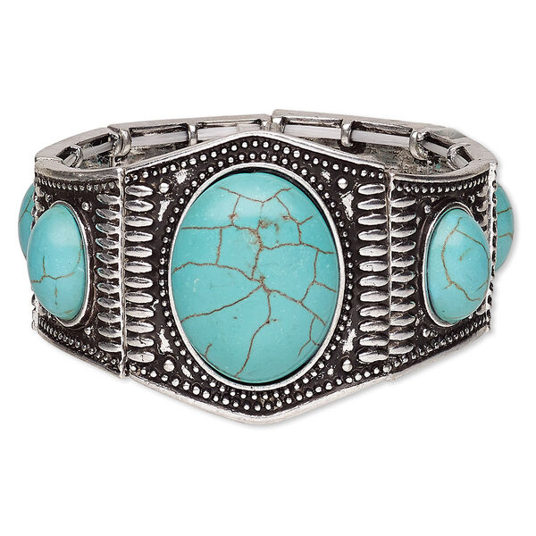 Bracelet, stretch, magnesite (dyed / stabilized) and antique silver-plated "pewter" (zinc-based alloy), blue, 42mm wide with oval, 7 inches. Sold individually. image number 0