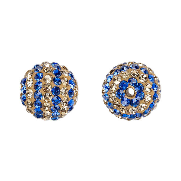 Bead, Egyptian glass rhinestone / epoxy / resin, champagne and cobalt, 14mm round with pavé striped design. Sold individually. image number 0