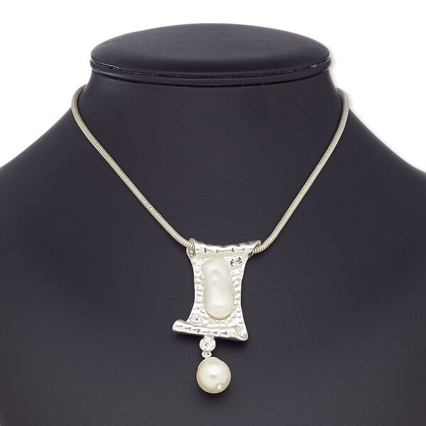 Necklace, plastic / resin / silver-coated plastic / silver-finished brass / steel / "pewter" (zinc-based alloy), white and clear, 2-3/4 x 1-inch scroll, 16 inches with 2-inch extender chain and lobster claw clasp. Sold individually. image number 0