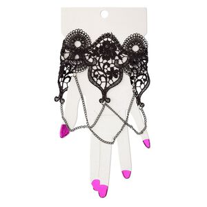 Bracelet, nylon lace / acrylic / gunmetal-plated steel / "pewter" (zinc-based alloy), black, 63mm wide with teardrop, 7 inches with 2-inch extender chain and lobster claw clasp. Sold individually.