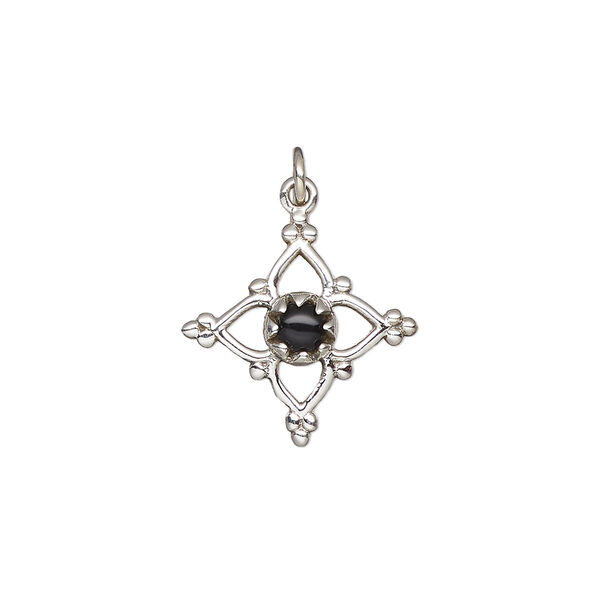 Drop, antiqued sterling silver and black onyx (dyed), 17mm single-sided open beaded diamond. Sold individually. image number 0