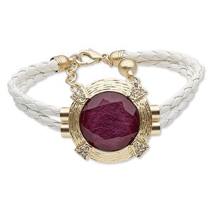 Bracelet, leather (dyed) / glass rhinestone / nylon / gold-finished steel / "pewter" (zinc-based alloy), white / purple / clear, 40mm matte round, 7-1/2 inches with 2-inch extender chain and lobster claw clasp. Sold individually.