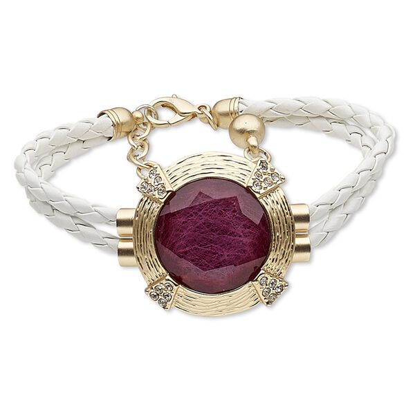 Bracelet, leather (dyed) / glass rhinestone / nylon / gold-finished steel / "pewter" (zinc-based alloy), white / purple / clear, 40mm matte round, 7-1/2 inches with 2-inch extender chain and lobster claw clasp. Sold individually. image number 0