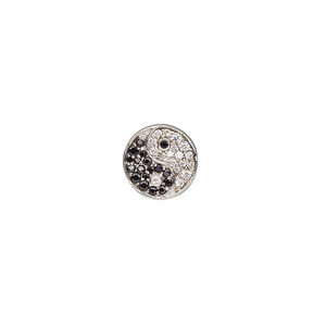 Bead 1pkg1 sterling silver, 10mm flat round yin-yang, cubic zirconia black & clear
