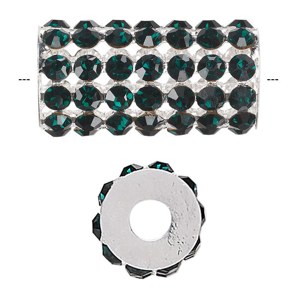 Bead, glass rhinestone and silver-finished brass, emerald green, 32x15mm cylinder with 4mm chatons, 5.75mm hole. Sold individually. image number 0