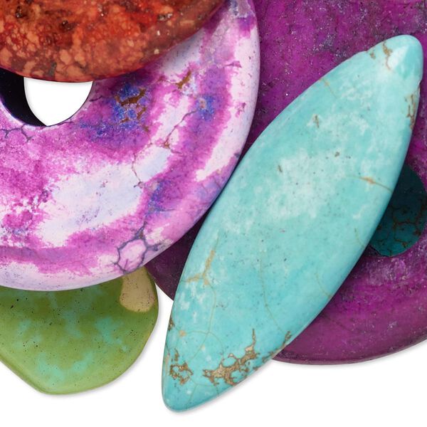 Component mix, magnesite (dyed / stabilized), mixed colors, 20mm-54x33mm mixed shape, Mohs hardness 7. Sold per 1/2 pound pkg, approximately 14 components. image number 0