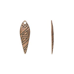 Drop, antique copper-plated steel, 21x7mm drop with tribal design. Sold per pkg of 100.