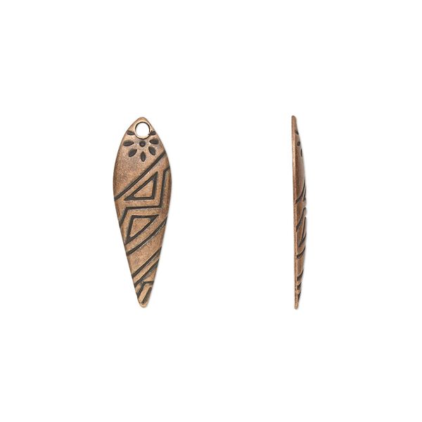 Drop, antique copper-plated steel, 21x7mm drop with tribal design. Sold per pkg of 100. image number 0