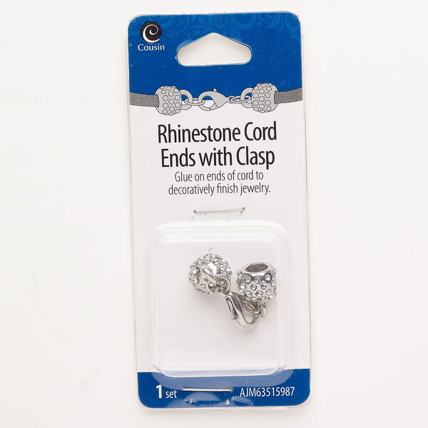 Clasp, lobster claw, "pewter" (zinc-based alloy) / steel / glass, pkg/1, silver finish and clear, 1-1/2 x 1/2 inches with glue-in cord ends, 5mm inner diameter. image number 0