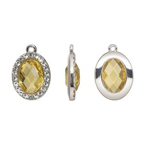 Drop, glass / glass rhinestone / imitation rhodium-finished "pewter" (zinc-based alloy), clear and transparent citrine yellow, 19x15.5mm single-sided oval. Sold per pkg of 2.