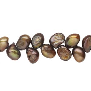 Pearl 1pkg1, cultured freshwater, flat-sided herringbone-drilled rice C grade, 15 inch 7x5mm-9x6mm dyed dark copper
