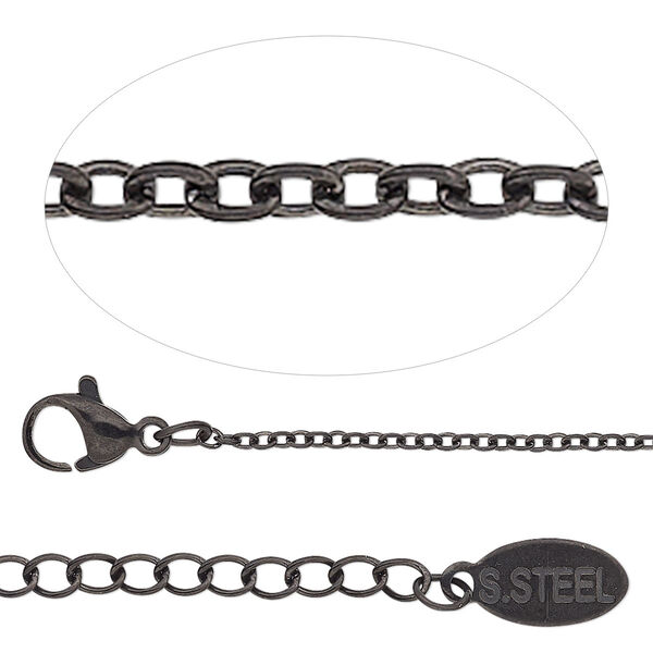 Chain, black-finished stainless steel, 1.5mm cable, 18 inches with 2-inch extender chain and lobster claw clasp. Sold individually. image number 0