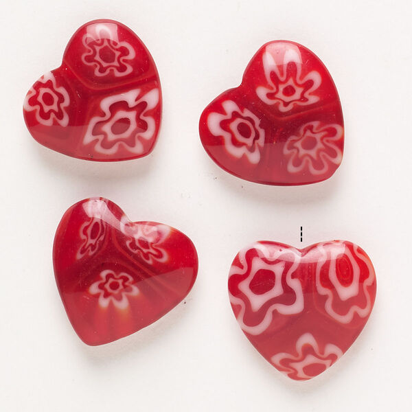Bead, millefiori glass, pkg/4, translucent red and white, 18-20mm half-drilled puffed heart. image number 0