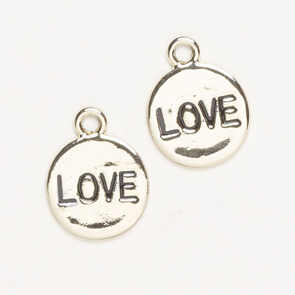 Charm, "pewter" (zinc-based alloy)/steel/enamel, pkg/2, antique silver finish and black, 15mm single-sided round with "LOVE." image number 0