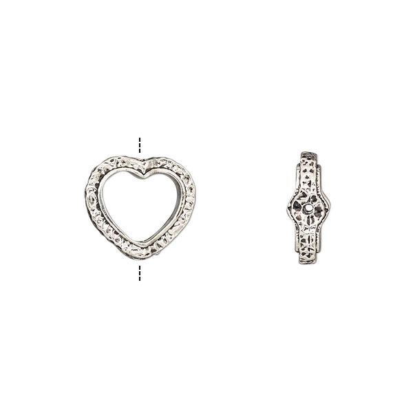 Bead frame, antique silver-finished "pewter" (zinc-based alloy), 12x11mm open heart with hammered edge, fits up to 8mm bead. Sold per pkg of 2. image number 0