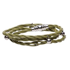Bracelet, 3-strand wrap, leather (dyed) and stainless steel, green, 10mm wide twisted with 6mm round, 6 inches with magnetic clasp. Sold individually.