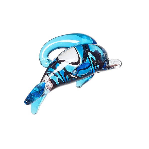 Drop, lampworked glass, clear / black / blue, 29x17mm 3D dolphin. Sold individually. image number 0