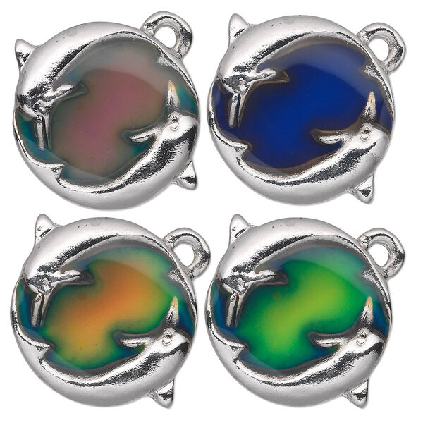 Charm, acrylic and imitation rhodium-finished "pewter" (zinc-based alloy), multicolored, 29x23mm color-changing single-sided flat round with 2 dolphins. Sold per pkg of 2. image number 0