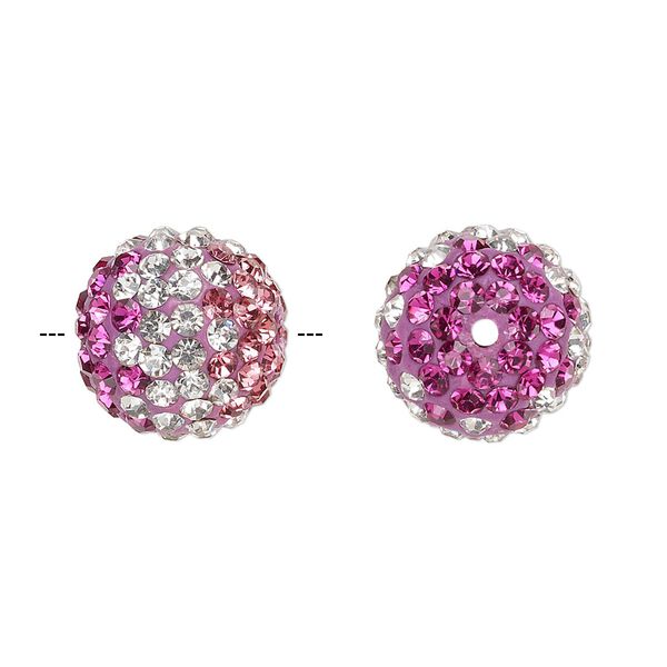 Bead, Egyptian glass rhinestone / epoxy / resin, clear / dark pink / fuchsia, 14mm round with pavé wave design. Sold individually. image number 0